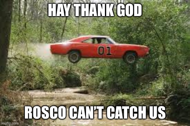Dukes of Hazard |  HAY THANK GOD; ROSCO CAN’T CATCH US | image tagged in dukes of hazard | made w/ Imgflip meme maker