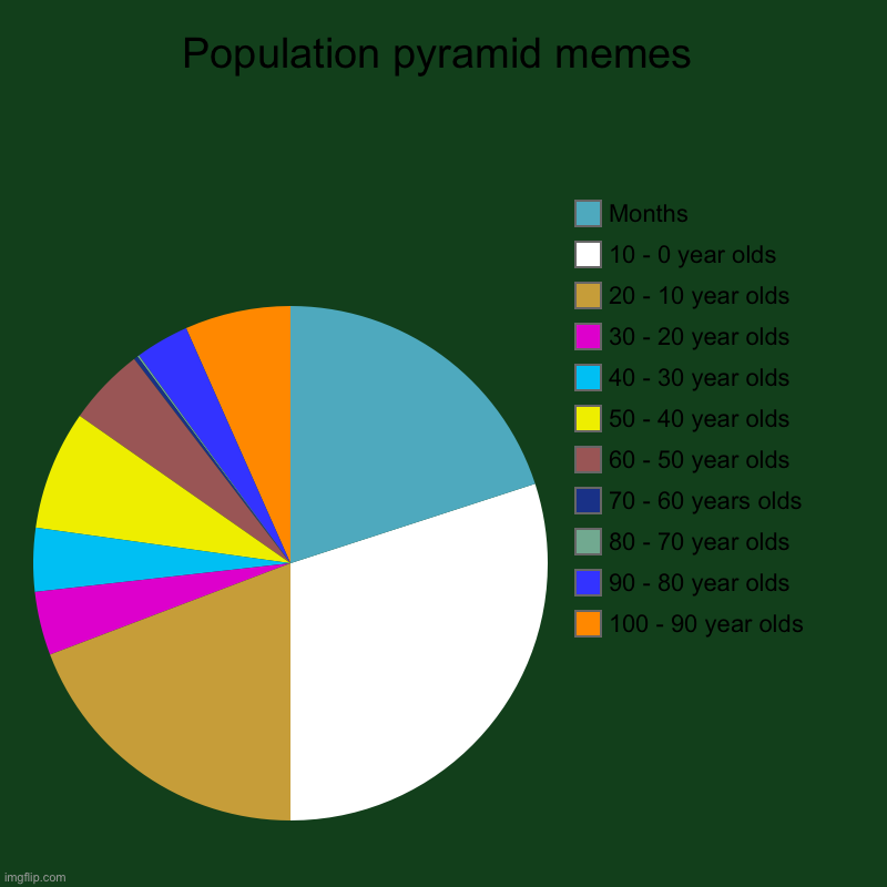 Population pyramid memes | 100 - 90 year olds, 90 - 80 year olds, 80 - 70 year olds, 70 - 60 years olds, 60 - 50 year olds, 50 - 40 year old | image tagged in charts,pie charts,growing older,year | made w/ Imgflip chart maker