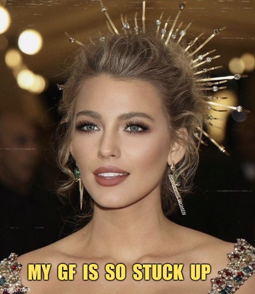 My GF is SO stuck up!! | MY  GF  IS  SO  STUCK  UP | image tagged in funny memes,girlfriend,rick75230 | made w/ Imgflip meme maker