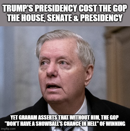 Graham chooses closeted reality over facts trying to safeguard his own political future. | TRUMP'S PRESIDENCY COST THE GOP
THE HOUSE, SENATE & PRESIDENCY; YET GRAHAM ASSERTS THAT WITHOUT HIM, THE GOP 
"DON'T HAVE A SNOWBALL'S CHANCE IN HELL" OF WINNING | image tagged in trump,lindsey graham,gop,idiots,fools | made w/ Imgflip meme maker