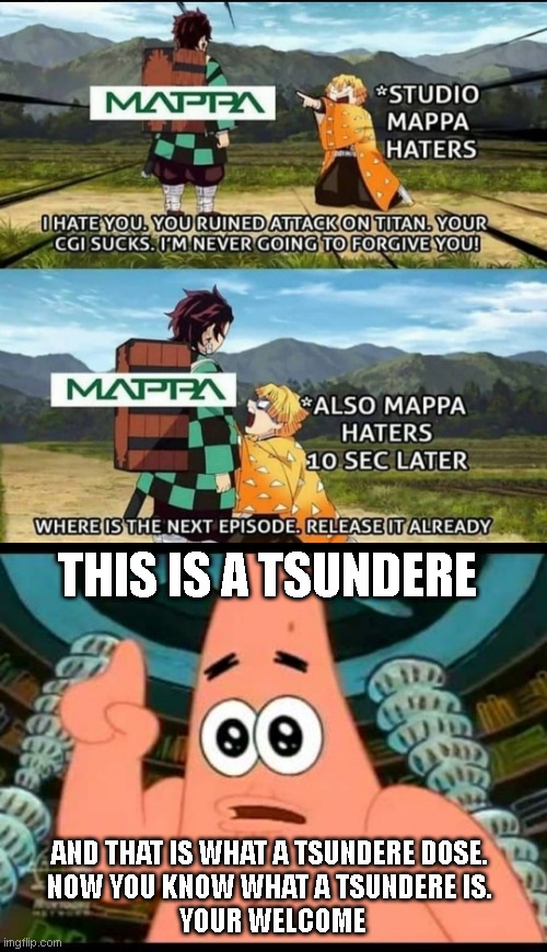 this is what tsunderes do | THIS IS A TSUNDERE; AND THAT IS WHAT A TSUNDERE DOSE. 
NOW YOU KNOW WHAT A TSUNDERE IS. 
YOUR WELCOME | image tagged in memes,patrick says,tsundere,funny  memes,learning | made w/ Imgflip meme maker