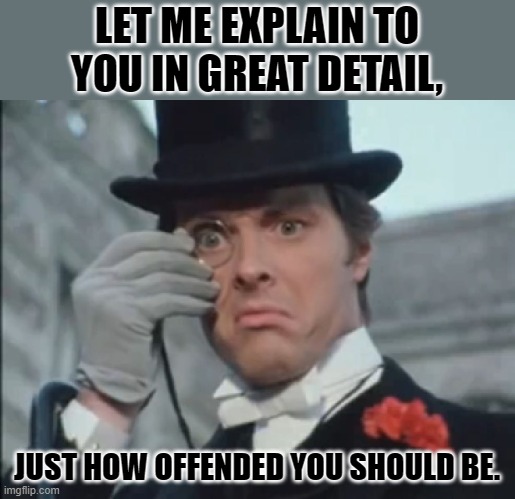 When I see a white progressives being offended and the minorities they're "defending" aren't. | LET ME EXPLAIN TO YOU IN GREAT DETAIL, JUST HOW OFFENDED YOU SHOULD BE. | image tagged in monocle outrage,baizuo,white knight syndrome,liberal privilege | made w/ Imgflip meme maker