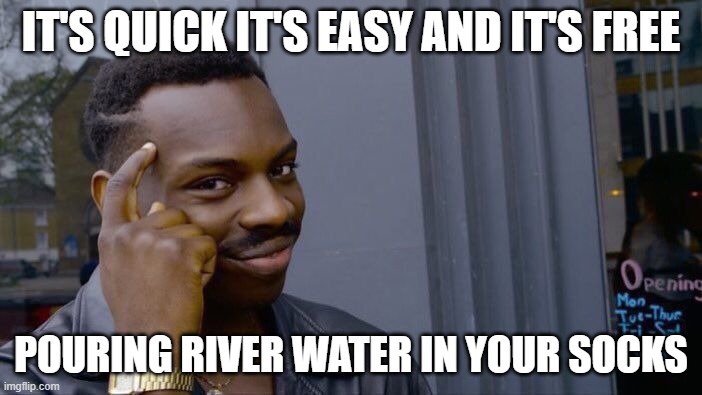 Roll Safe Think About It | IT'S QUICK IT'S EASY AND IT'S FREE; POURING RIVER WATER IN YOUR SOCKS | image tagged in memes,roll safe think about it | made w/ Imgflip meme maker