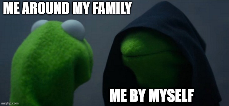 Evil Kermit | ME AROUND MY FAMILY; ME BY MYSELF | image tagged in memes,evil kermit | made w/ Imgflip meme maker