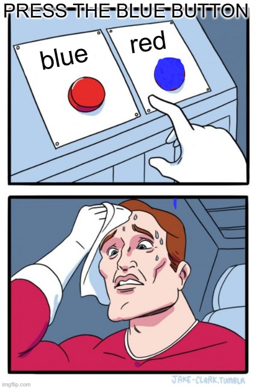 Two Buttons | PRESS THE BLUE BUTTON; red; blue | image tagged in memes,two buttons | made w/ Imgflip meme maker