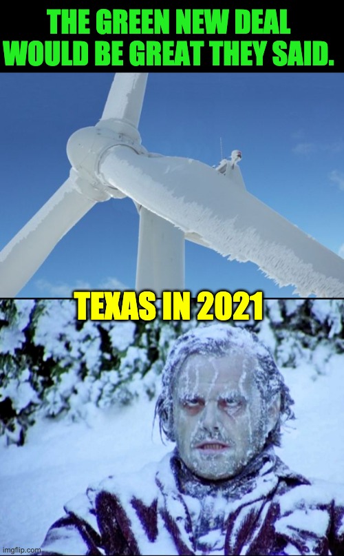 Green new deal | THE GREEN NEW DEAL WOULD BE GREAT THEY SAID. TEXAS IN 2021 | image tagged in frozen jack | made w/ Imgflip meme maker