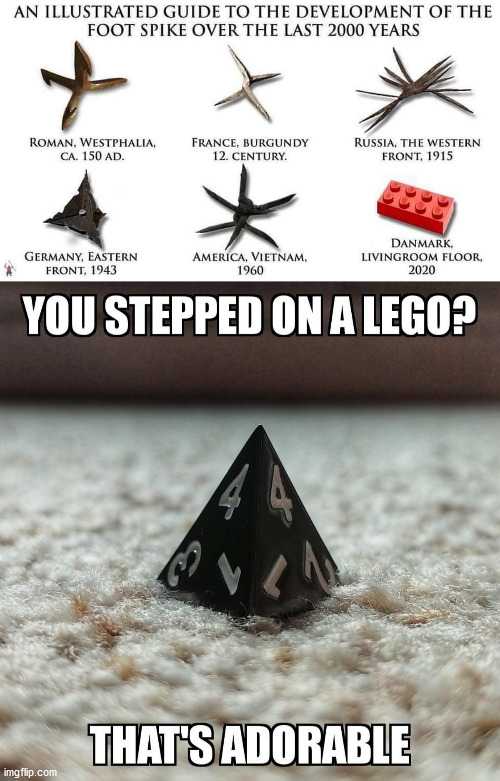 Footspikes, LEGO and the Dice... | image tagged in spikes,lego,foot | made w/ Imgflip meme maker