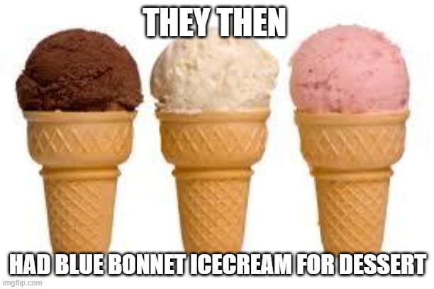 Ice Cream cone | THEY THEN HAD BLUE BONNET ICECREAM FOR DESSERT | image tagged in ice cream cone | made w/ Imgflip meme maker