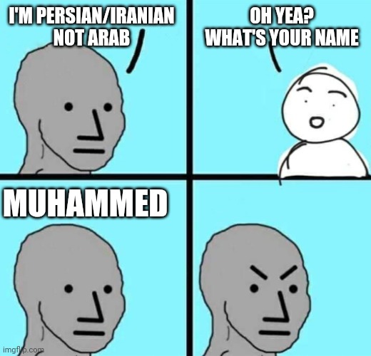 #persian #Iranian #arab | OH YEA? WHAT'S YOUR NAME; I'M PERSIAN/IRANIAN NOT ARAB; MUHAMMED | image tagged in angry npc wojak | made w/ Imgflip meme maker
