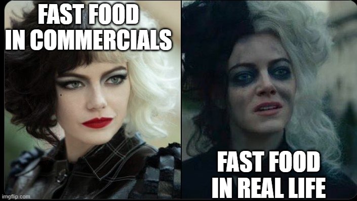 Fast-food Be Like | FAST FOOD IN COMMERCIALS; FAST FOOD IN REAL LIFE | image tagged in fast food | made w/ Imgflip meme maker