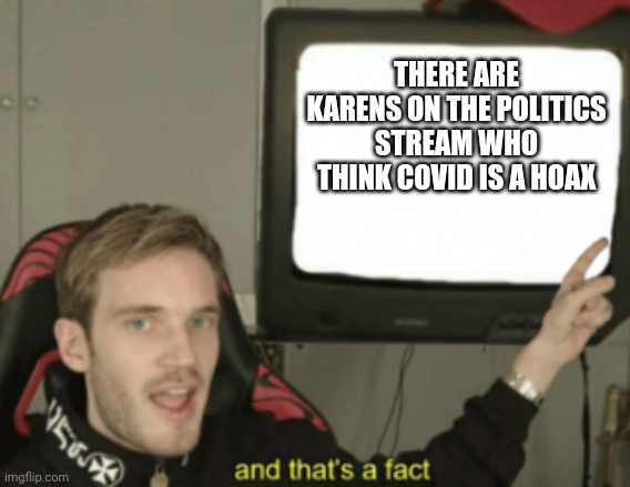 and that's a fact | THERE ARE KARENS ON THE POLITICS STREAM WHO THINK COVID IS A HOAX | image tagged in and that's a fact | made w/ Imgflip meme maker