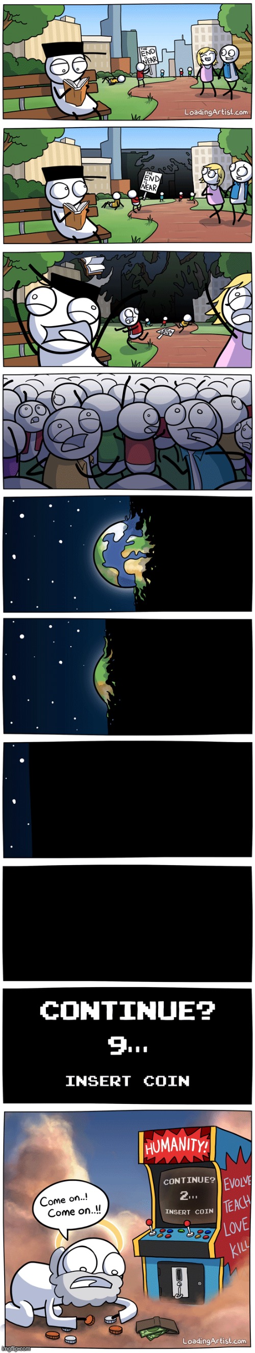 You better get that coin in there god! | image tagged in memes,funny,comics,earth,end of the world,oooop | made w/ Imgflip meme maker