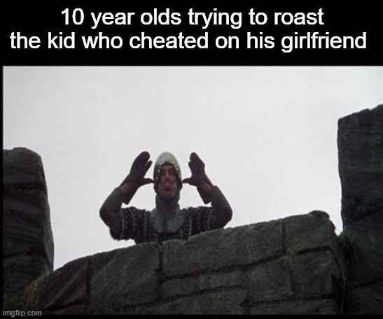 monty python meme 4 | 10 year olds trying to roast the kid who cheated on his girlfriend | image tagged in french taunting in monty python's holy grail | made w/ Imgflip meme maker