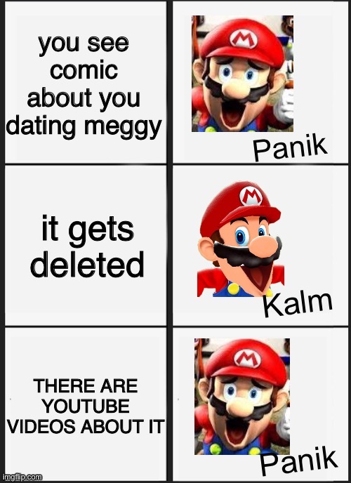 Mario SMG4 Panik Kalm Panik | you see comic about you dating meggy it gets deleted THERE ARE YOUTUBE VIDEOS ABOUT IT | image tagged in mario smg4 panik kalm panik | made w/ Imgflip meme maker