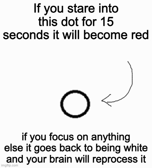 Pretty cool right? | If you stare into this dot for 15 seconds it will become red; if you focus on anything else it goes back to being white and your brain will reprocess it | image tagged in you fool you fell victim to one of the classic blunders | made w/ Imgflip meme maker