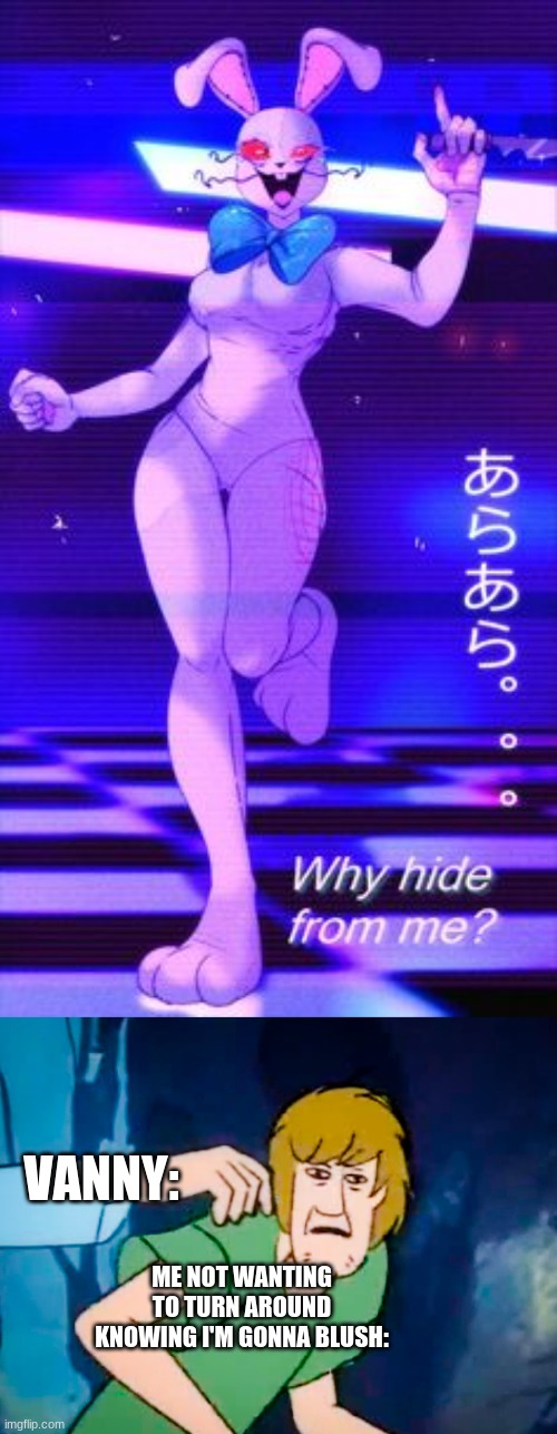 help | VANNY:; ME NOT WANTING TO TURN AROUND KNOWING I'M GONNA BLUSH: | image tagged in shaggy meme,fnaf,vanny | made w/ Imgflip meme maker