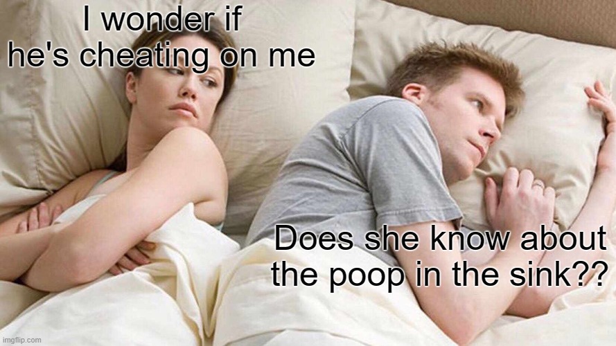 I Bet He's Thinking About Other Women | I wonder if he's cheating on me; Does she know about the poop in the sink?? | image tagged in memes,i bet he's thinking about other women | made w/ Imgflip meme maker