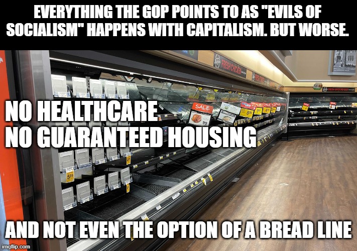 EVERYTHING THE GOP POINTS TO AS "EVILS OF SOCIALISM" HAPPENS WITH CAPITALISM. BUT WORSE. NO HEALTHCARE
NO GUARANTEED HOUSING; AND NOT EVEN THE OPTION OF A BREAD LINE | made w/ Imgflip meme maker