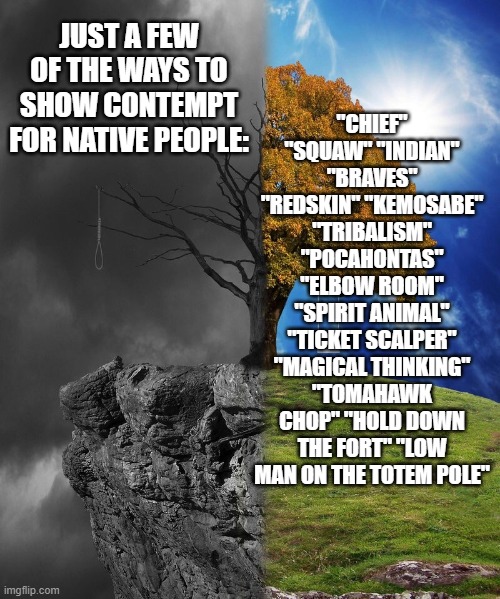 Microaggressions | "CHIEF" "SQUAW" "INDIAN" "BRAVES" "REDSKIN" "KEMOSABE" "TRIBALISM" "POCAHONTAS" "ELBOW ROOM" "SPIRIT ANIMAL" "TICKET SCALPER" "MAGICAL THINKING" "TOMAHAWK CHOP" "HOLD DOWN THE FORT" "LOW MAN ON THE TOTEM POLE"; JUST A FEW OF THE WAYS TO SHOW CONTEMPT FOR NATIVE PEOPLE: | image tagged in native american quote,passive aggressive racism,cultural appropriation,hate speech | made w/ Imgflip meme maker