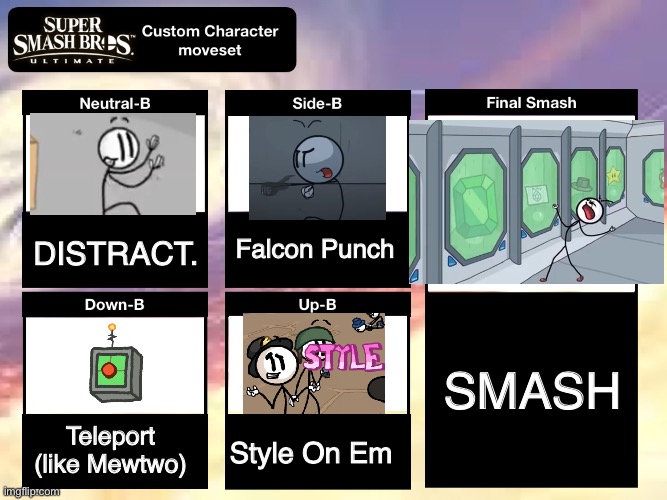 Distracc | Falcon Punch; DISTRACT. SMASH; Teleport (like Mewtwo); Style On Em | image tagged in super smash bros ultimate custom character moveset,henry stickmin,super smash bros,smash bros,moveset,memes | made w/ Imgflip meme maker