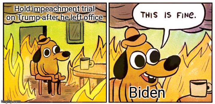 I'm not saying it's a bad thing, by the way | Hold impeachment trial on Trump after he left office; Biden | image tagged in memes,this is fine,impeachment,politics | made w/ Imgflip meme maker