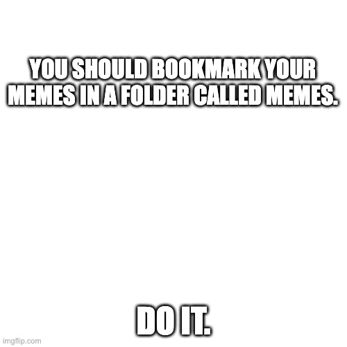 NOW | YOU SHOULD BOOKMARK YOUR MEMES IN A FOLDER CALLED MEMES. DO IT. | image tagged in memes,blank transparent square,helpful | made w/ Imgflip meme maker