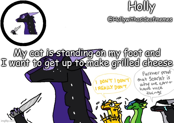Holly announcement Wings Of Fire | My cat is standing on my foot and I want to get up to make grilled cheese | image tagged in holly announcement wings of fire | made w/ Imgflip meme maker
