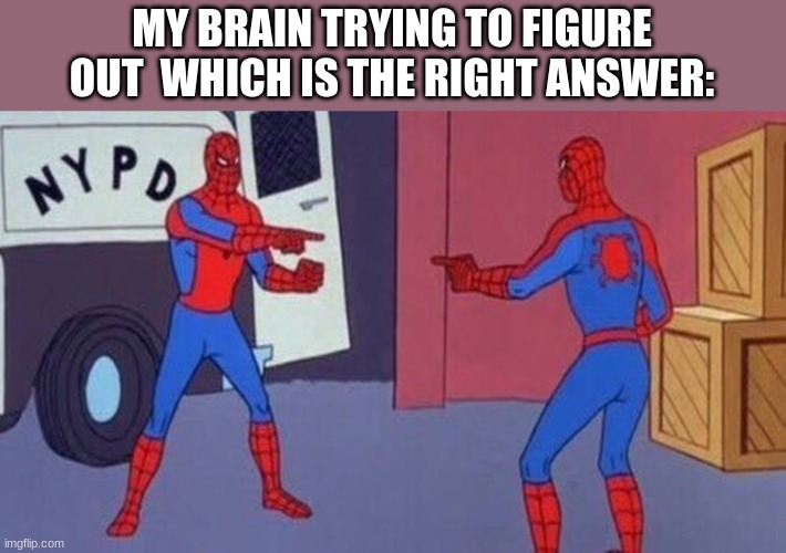 spiderman pointing at spiderman | MY BRAIN TRYING TO FIGURE OUT  WHICH IS THE RIGHT ANSWER: | image tagged in spiderman pointing at spiderman,memes,funny,spiderman,brain | made w/ Imgflip meme maker