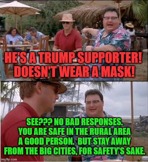 See Nobody Cares | HE'S A TRUMP SUPPORTER!  DOESN'T WEAR A MASK! SEE??? NO BAD RESPONSES. YOU ARE SAFE IN THE RURAL AREA A GOOD PERSON.  BUT STAY AWAY FROM THE BIG CITIES, FOR SAFETY'S SAKE. | image tagged in memes,see nobody cares | made w/ Imgflip meme maker