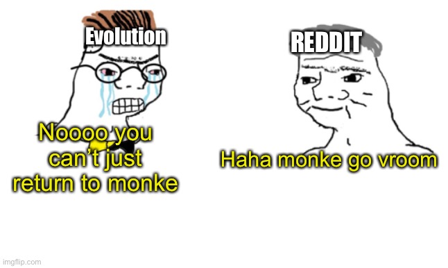 Monke | Evolution; REDDIT; Noooo you can’t just return to monke; Haha monke go vroom | image tagged in no you cant just,monke,evolution,funny | made w/ Imgflip meme maker