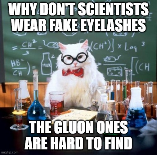 Chemistry Cat Gluon | WHY DON'T SCIENTISTS WEAR FAKE EYELASHES; THE GLUON ONES ARE HARD TO FIND | image tagged in memes,chemistry cat | made w/ Imgflip meme maker