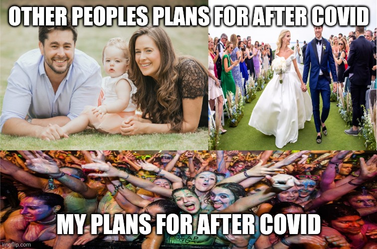 Family, Wedding and Party | OTHER PEOPLES PLANS FOR AFTER COVID; MY PLANS FOR AFTER COVID | image tagged in family wedding and party,memes,covid-19 | made w/ Imgflip meme maker
