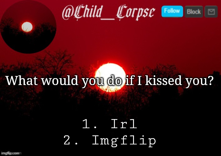 Be honest | What would you do if I kissed you? 1. Irl
2. Imgflip | image tagged in child_corpse announcement template | made w/ Imgflip meme maker