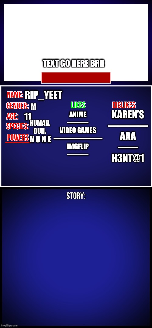 Y did I do an oc thing for my bio lol | TEXT GO HERE BRR; RIP_YEET; M; ANIME
———
VIDEO GAMES
———————
IMGFLIP
———; KAREN’S
————
AAA
——
H3NT@1; 11; HUMAN, DUH. N O N E | image tagged in thegang | made w/ Imgflip meme maker