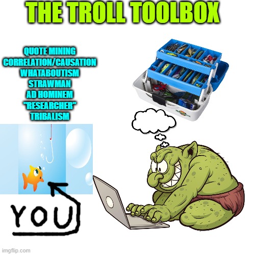 Troll toolbox | THE TROLL TOOLBOX; QUOTE MINING
CORRELATION/CAUSATION
WHATABOUTISM
STRAWMAN
AD HOMINEM
"RESEARCHER"
TRIBALISM | image tagged in blank | made w/ Imgflip meme maker