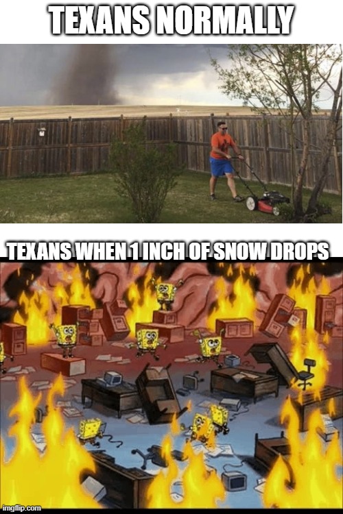 TEXANS NORMALLY; TEXANS WHEN 1 INCH OF SNOW DROPS | image tagged in blank white template,spongebob riot | made w/ Imgflip meme maker