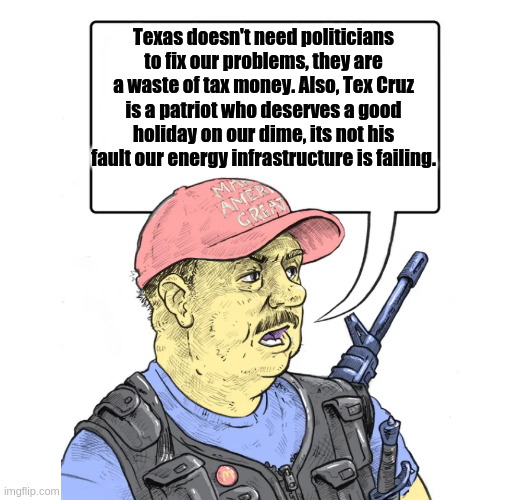 I'm sure it all makes sense rattling around in there somewhere | Texas doesn't need politicians to fix our problems, they are a waste of tax money. Also, Tex Cruz is a patriot who deserves a good holiday on our dime, its not his fault our energy infrastructure is failing. | image tagged in repub,rumpt,cruz,magat | made w/ Imgflip meme maker