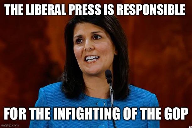 Just another in the series of party of personal responsibility blaming everyone else | THE LIBERAL PRESS IS RESPONSIBLE; FOR THE INFIGHTING OF THE GOP | image tagged in nikki haley | made w/ Imgflip meme maker