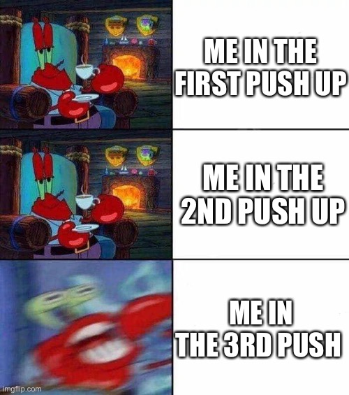 Mr. Krabs Freaking Out | ME IN THE FIRST PUSH UP; ME IN THE 2ND PUSH UP; ME IN THE 3RD PUSH UP | image tagged in mr krabs freaking out | made w/ Imgflip meme maker
