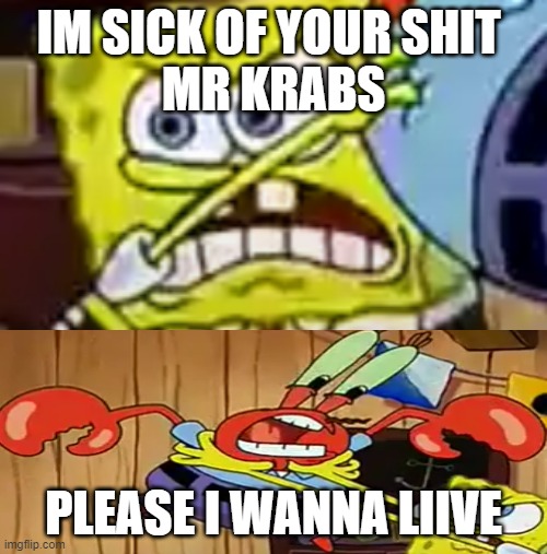 SpongeBob Angry MrKrabs | IM SICK OF YOUR SHIT 
MR KRABS; PLEASE I WANNA LIIVE | image tagged in spongebob strangle mr krabs | made w/ Imgflip meme maker