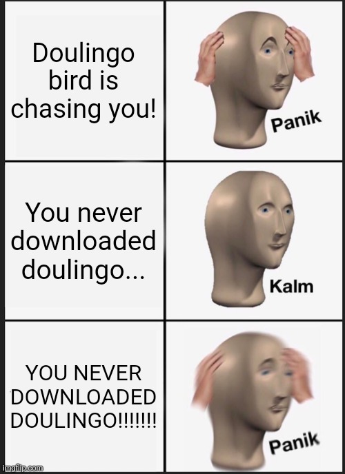 Panik Kalm Panik | Doulingo bird is chasing you! You never downloaded doulingo... YOU NEVER DOWNLOADED DOULINGO!!!!!!! | image tagged in memes,panik kalm panik | made w/ Imgflip meme maker