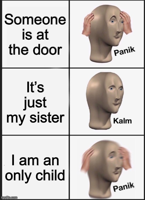 Stranger Danger |  Someone is at the door; It’s just my sister; I am an only child | image tagged in memes,panik kalm panik | made w/ Imgflip meme maker