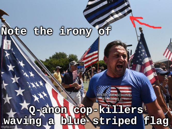 Q anon cop killers | Note the irony of; Q-anon cop-killers waving a blue striped flag | image tagged in angry q anon,qanon,domestic terrorism,capitol riot,trump,republican | made w/ Imgflip meme maker