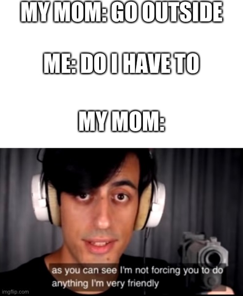 My house |  MY MOM: GO OUTSIDE; ME: DO I HAVE TO; MY MOM: | image tagged in memes,parents | made w/ Imgflip meme maker