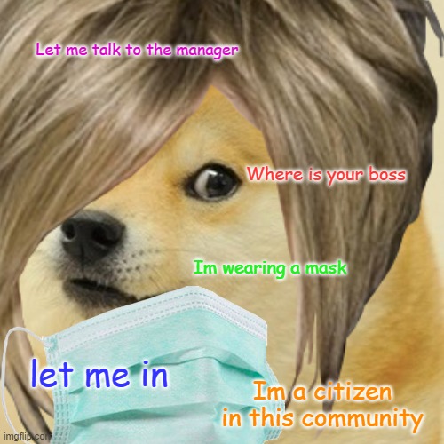 Karen Doge | Let me talk to the manager; Where is your boss; Im wearing a mask; let me in; Im a citizen in this community | image tagged in funny | made w/ Imgflip meme maker