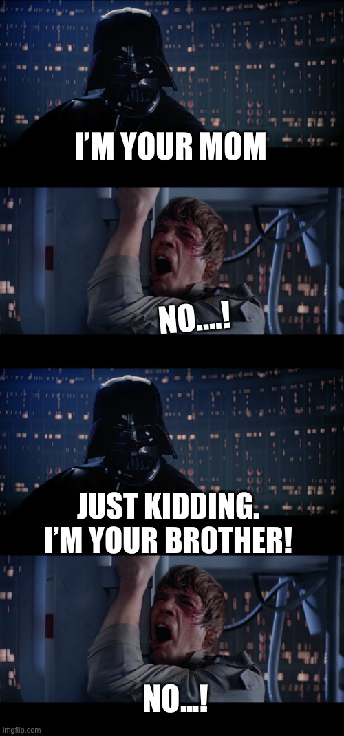 Earth Vader was funny | I’M YOUR MOM; NO....! JUST KIDDING. I’M YOUR BROTHER! NO...! | image tagged in memes,star wars no | made w/ Imgflip meme maker