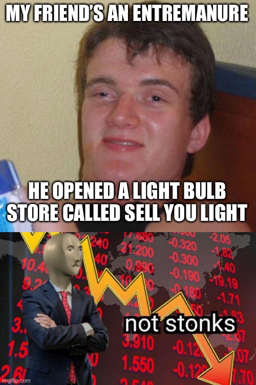 MY FRIEND’S AN ENTREMANURE; HE OPENED A LIGHT BULB STORE CALLED SELL YOU LIGHT | image tagged in stoned guy,not stonks | made w/ Imgflip meme maker