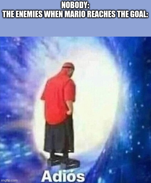 Adios | NOBODY:
THE ENEMIES WHEN MARIO REACHES THE GOAL: | image tagged in adios | made w/ Imgflip meme maker