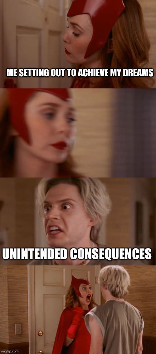 Life, The Universe, and Consequences | ME SETTING OUT TO ACHIEVE MY DREAMS; UNINTENDED CONSEQUENCES | image tagged in pietro scaring wanda | made w/ Imgflip meme maker