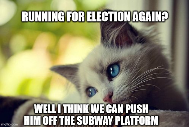 First World Problems Cat | RUNNING FOR ELECTION AGAIN? WELL I THINK WE CAN PUSH HIM OFF THE SUBWAY PLATFORM | image tagged in memes,first world problems cat | made w/ Imgflip meme maker